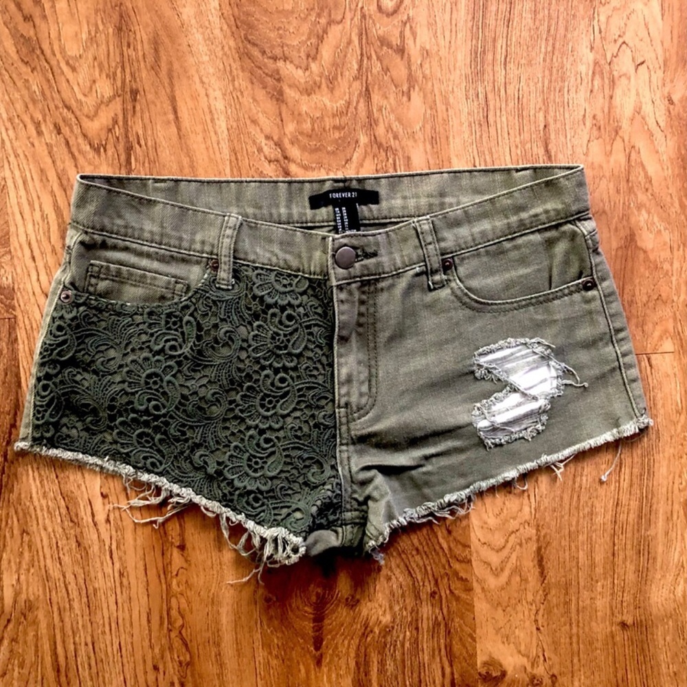 Woman’s Forever 21 Green Jean Shorts Distressed Style